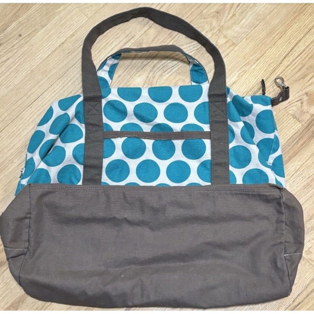 Thirty-One Canvas Tote Bag Womens Large Teal Polka Dot Brown Trim Zip Top - Picture 9 of 10